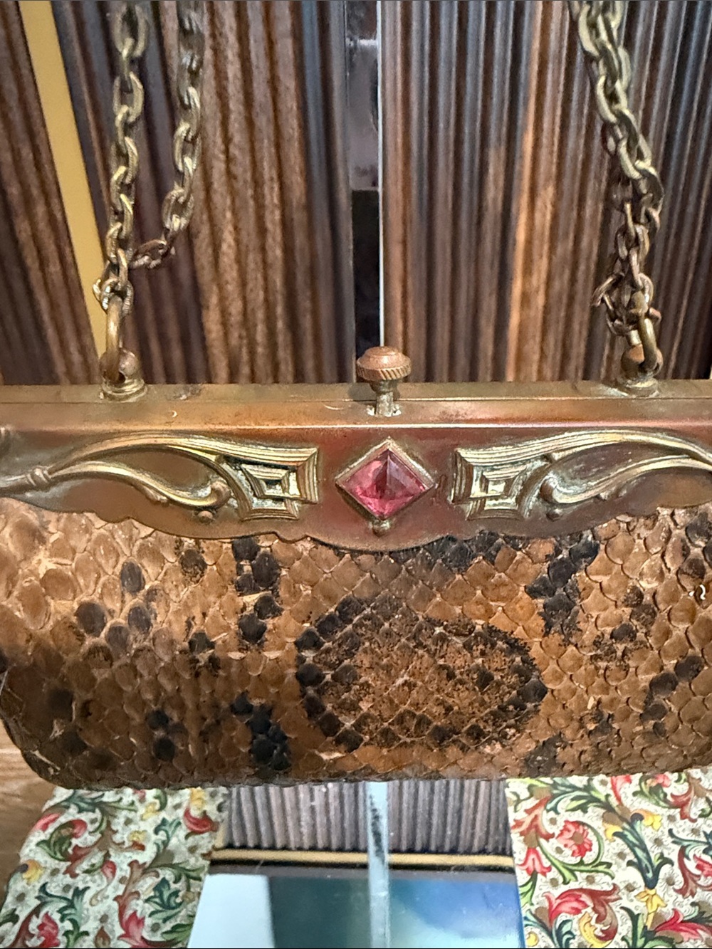 Brown Snake-Scale Chain-Handle Evening Clutch with Bronze Hardware - Picture 2 of 5